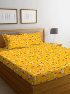 NEW LEAF Premium Cotton Elastic Fitted Bedsheets with 2 King Size Pillow Covers | Double Bed with All Around Elastic 220 TC Supersoft |Size-72 King Sizex78+10 inches | Floral, Yellow Red
