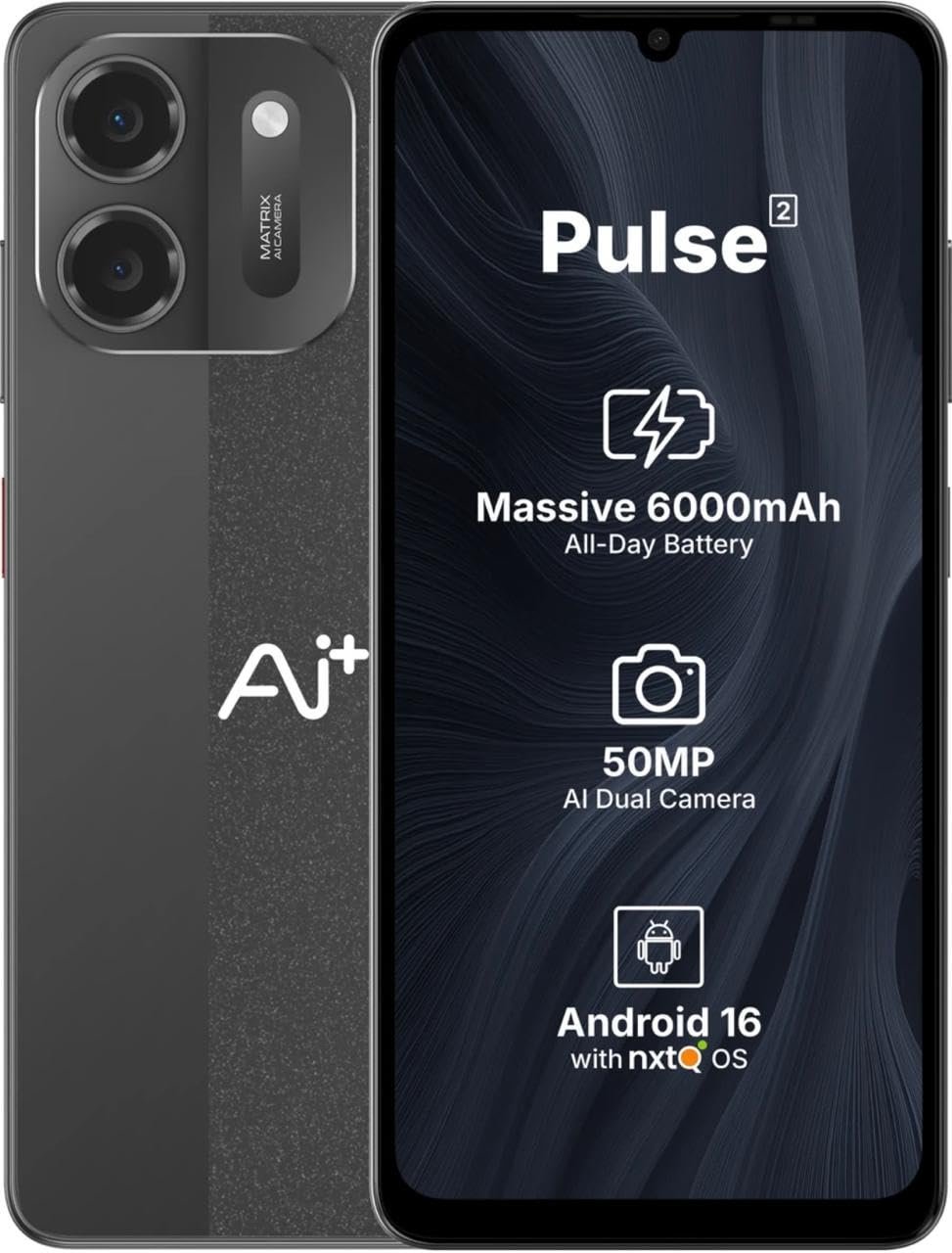 AI+ Pulse 2, 6.745 inch HD+ Display, 6GB RAM, 128GB Storage, 50MP Rear Camera, 6000mAh Battery, Android 16, Black
