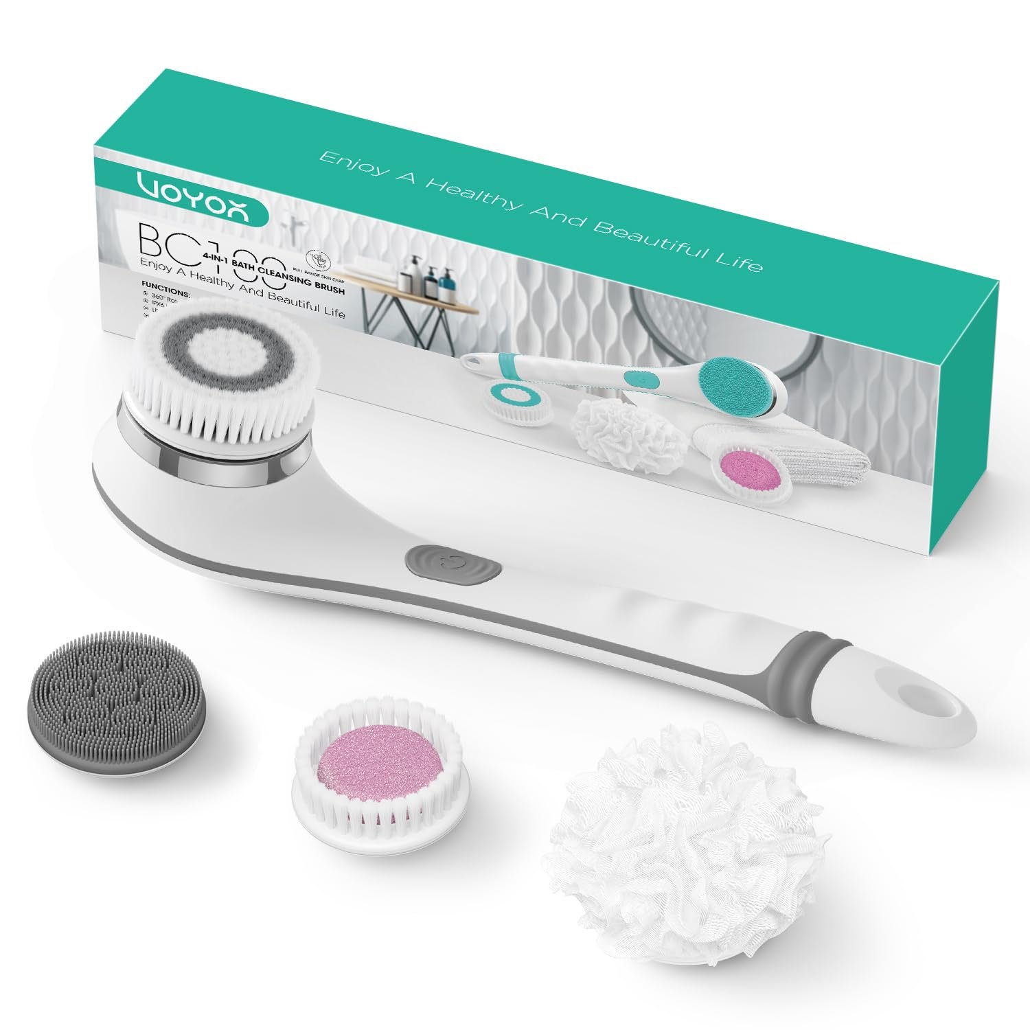 VOYOR Electric Body Brush Back Scrubber for Shower Rechargeable Exfoliating Bath Brush Powered Shower Brush with Non-Slip Long Handle Deep Cleansing, Exfoliation, Massaging Spin Brush BC100(Grey)