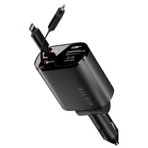 Unbreakable 120W 4-in-1 Retractable Car Charger with Built-in Cables & Dual USB Ports, Fast Car Phone Charger Compatible with iPhone 17/16/15/14/13/12/11, Android, iPad & Other Devices – Black