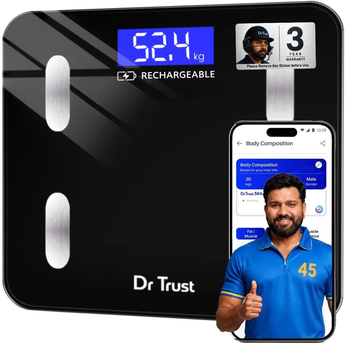 Dr Trust USA 509 Rechargeable Digital BMI Weight Scale with Body Fat Analyzer and Fitness Body Composition Monitor Electronic Weight Machine & Weighing Scale with Mobile App, Bluetooth (Black)