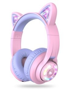 iClever BTH13 Bluetooth Kids Headphones with Mic, Over Ear Headphone Wireless Cat Ear Headphone for Girls Birthday Gift Safe Volume Limited, 45H Playtime, Portable Headset for iPad, Purple