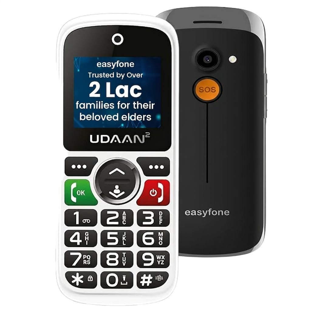 Easyfone Udaan2 1.8″ Display with 20+ Senior Citizen Friendly Features Like Loud Sound, Photo Speed dial, Simple menu, SOS, Incoming Call Restriction, Auto-Call Recording, Dual SIM, White