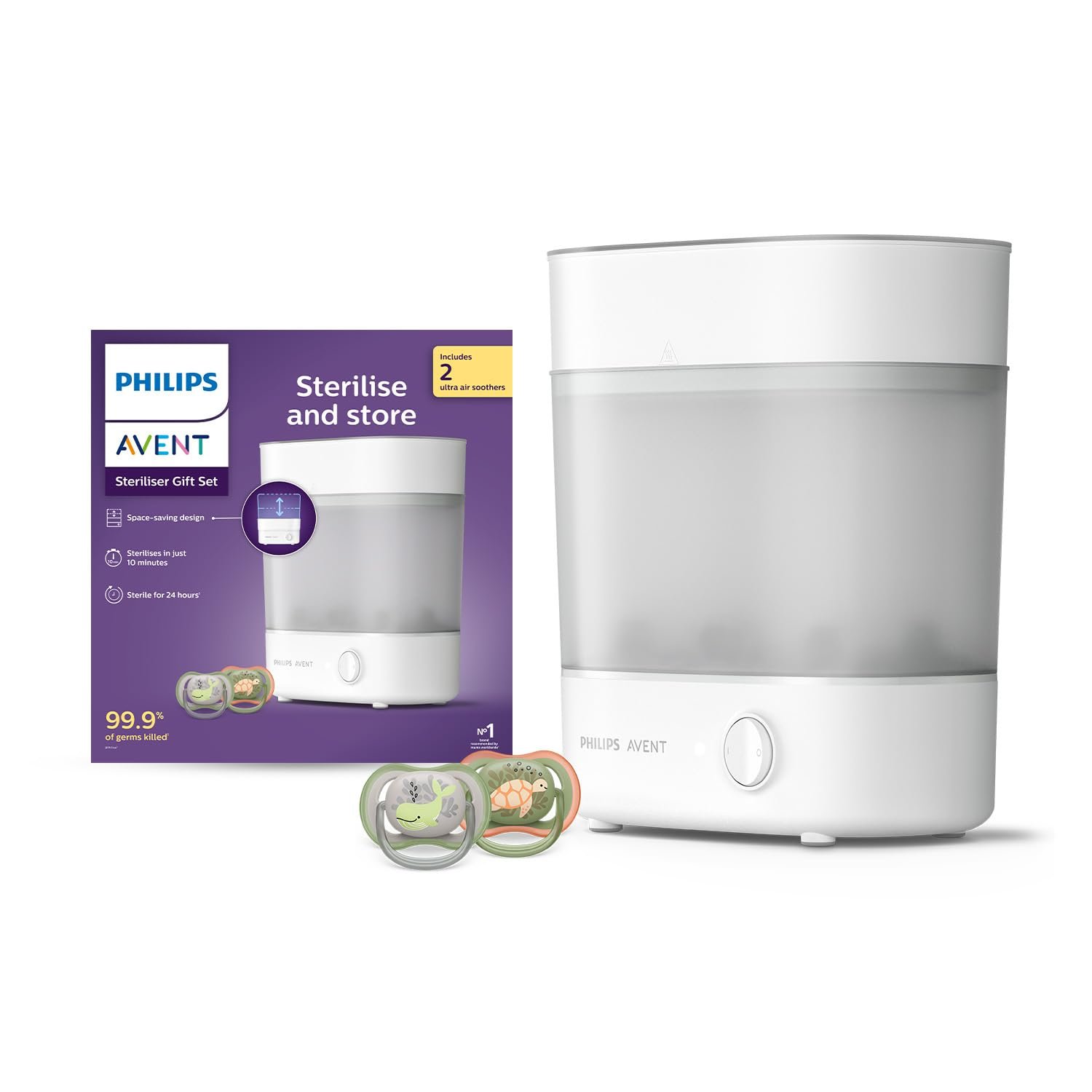 Philips Avent Steam Sterilizer With Soother Combo| Babies Fall Ill Less in Philips Avent Sterilizer Homes & get 2X Better Germ Protection vs Boiling*| Kills 99.9%** Germs in 10 mins | 2 Yr Warranty | (SCF291/00 + SCF085/60)