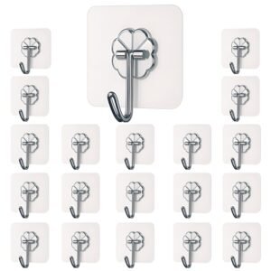 DALUCI Self Adhesive Wall Hooks – 20 Pcs Heavy Duty Wall Hooks for Hanging | Nail Free Sticky Hooks for Wall Heavy Items Without Drilling, Transparent Wall Hanger Hook (Flower Hook, 20)