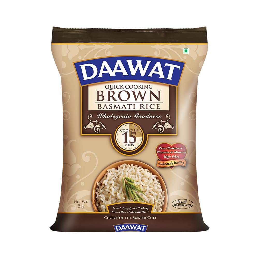Daawat Brown, Cooks in 15-minute, Full Bran Intact, Fibre-Rich Basmati Rice, 5 Kg