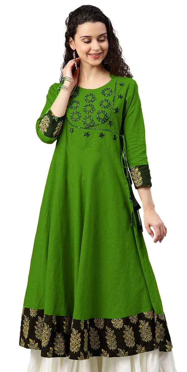 Yash Gallery Womens Pure Cotton Sequin Work Angrakha Kurta Ethnic Wear