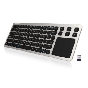 Arteck 2.4G Wireless Touch TV Keyboard with Easy Media Control and Built-In Touchpad Mouse, USB, Full Size, Stainless Steel, Ambidextrous, QWERTY, Smart TV, HTPC