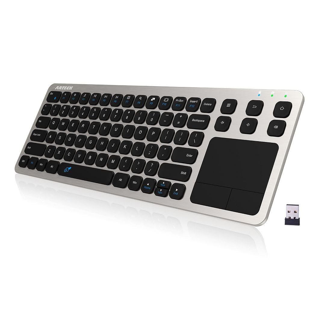 Arteck 2.4G Wireless Touch TV Keyboard with Easy Media Control and Built-In Touchpad Mouse, USB, Full Size, Stainless Steel, Ambidextrous, QWERTY, Smart TV, HTPC