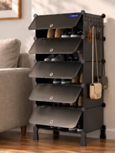 BOXJOY 5 Shelf Shoe Racks with 5 Doors, 5 Hook Steel Holder & Wooden Hammer