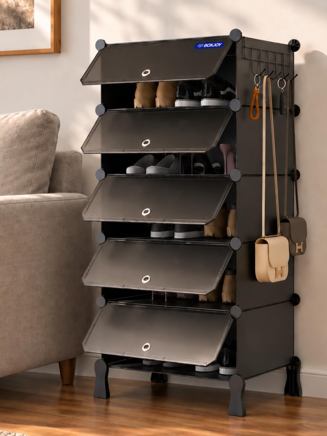 BOXJOY 5 Shelf Shoe Racks with 5 Doors, 5 Hook Steel Holder & Wooden Hammer