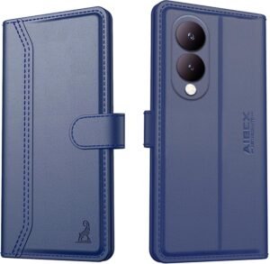 AIBEX ® Compatible for Vivo Y28 5G / Vivo Y17s 4G Flip Cover Leather Finish | Inside TPU with Card Pockets | Wallet Stand | Complete Protection Flip Case – Blue