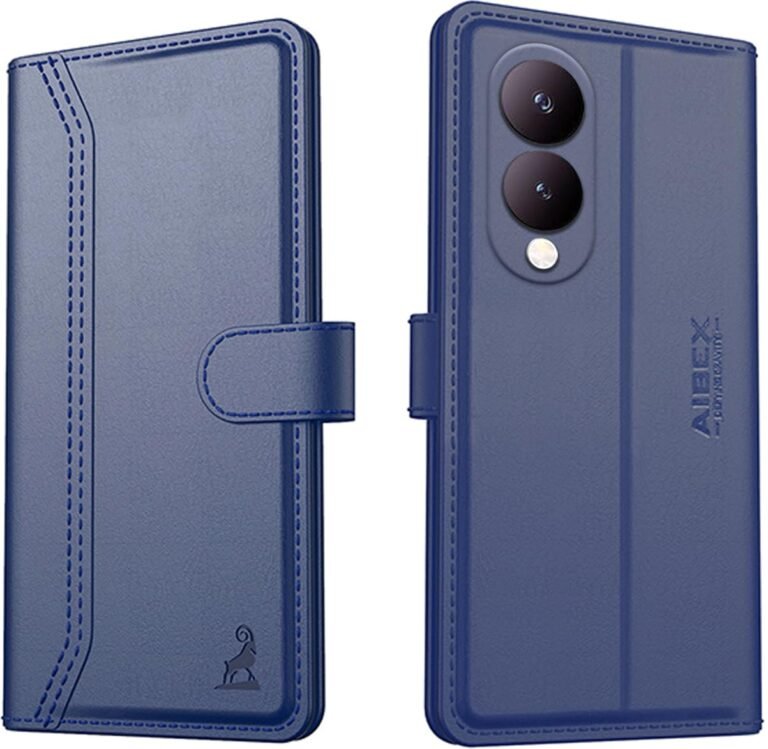 AIBEX ® Compatible for Vivo Y28 5G / Vivo Y17s 4G Flip Cover Leather Finish | Inside TPU with Card Pockets | Wallet Stand | Complete Protection Flip Case – Blue