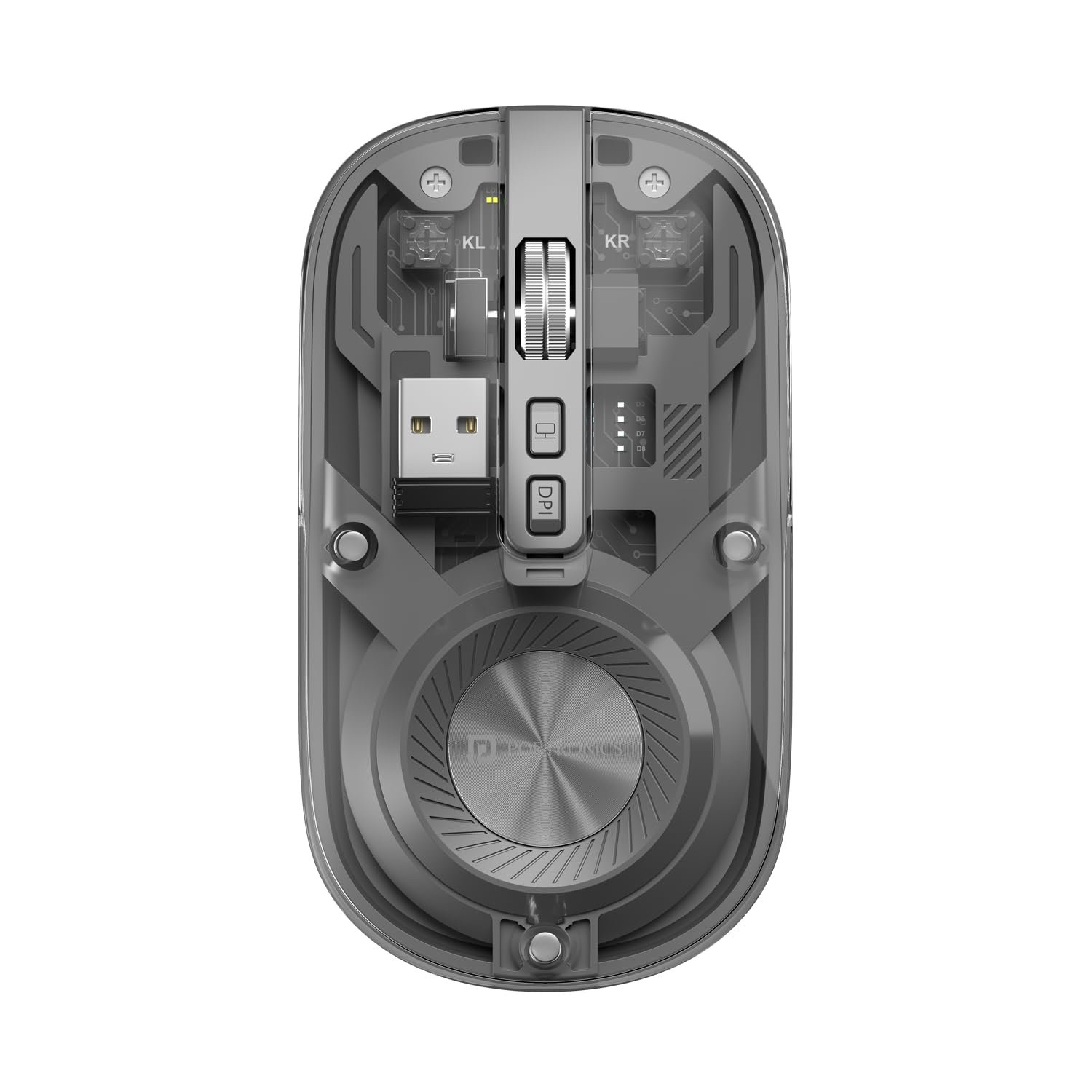 Portronics Toad 8 Transparent Wireless Bluetooth Mouse with Dual Wireless (BT + 2.4 GHz), Rechargeable Battery, Noise-Free Clicking, Show/Hide Desktop, Multi-Device Pair, Adjust Sensitivity (Grey)