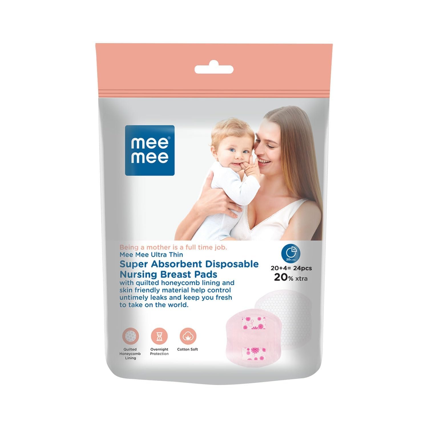 Mee Mee Disposable Nursing & Maternity Breast Pads 24 Pcs | Ultra Thin Honeycomb Pads with Leak Guard | Super Absorbent Soft Cotton | Compact, Leakproof, Skin-Friendly, Breastfeeding Pads for New Moms