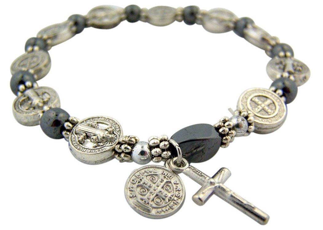 Silver Tone Saint Benedict Medal Hematite Bead Rosary Bracelet, 7 1/2 Inch