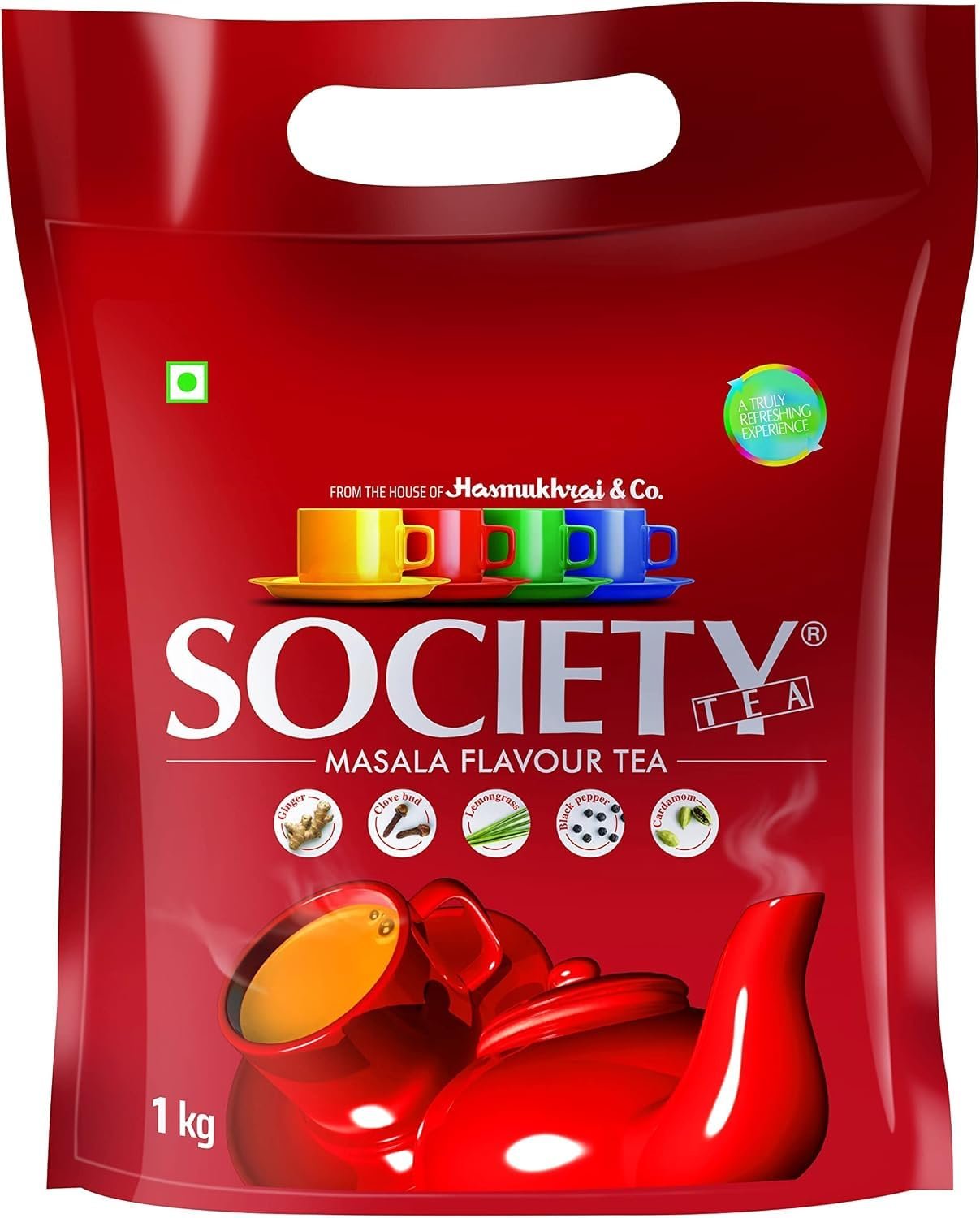 Society Masala Chai — Five-Spice Indian Masala Tea, Real Cardamom Ginger Clove Black Pepper Lemongrass Blended Into Assam CTC, Hasmukhrai & Co. Since 1924 | 1 kg Pouch | No Flavouring