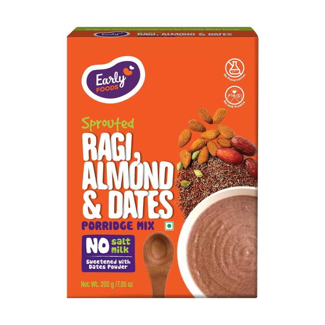 Early Foods – Sprouted Ragi Cereal with Almonds & Dates | No Added Sugar, No Salt, No Milk Porridge mix | Sprouted Ragi Flour/Naachni Flour | 200g