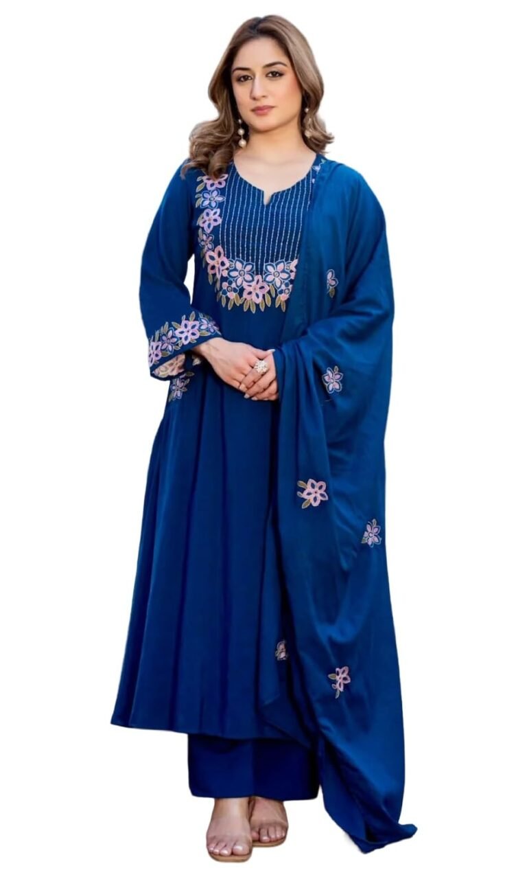 KLOSIA Women’s Embroidered A-Line Kurta Set with Dupatta | Floral Embroidery Ethnic Suit Set | Kurta Pant Set for Women | Festive, Wedding