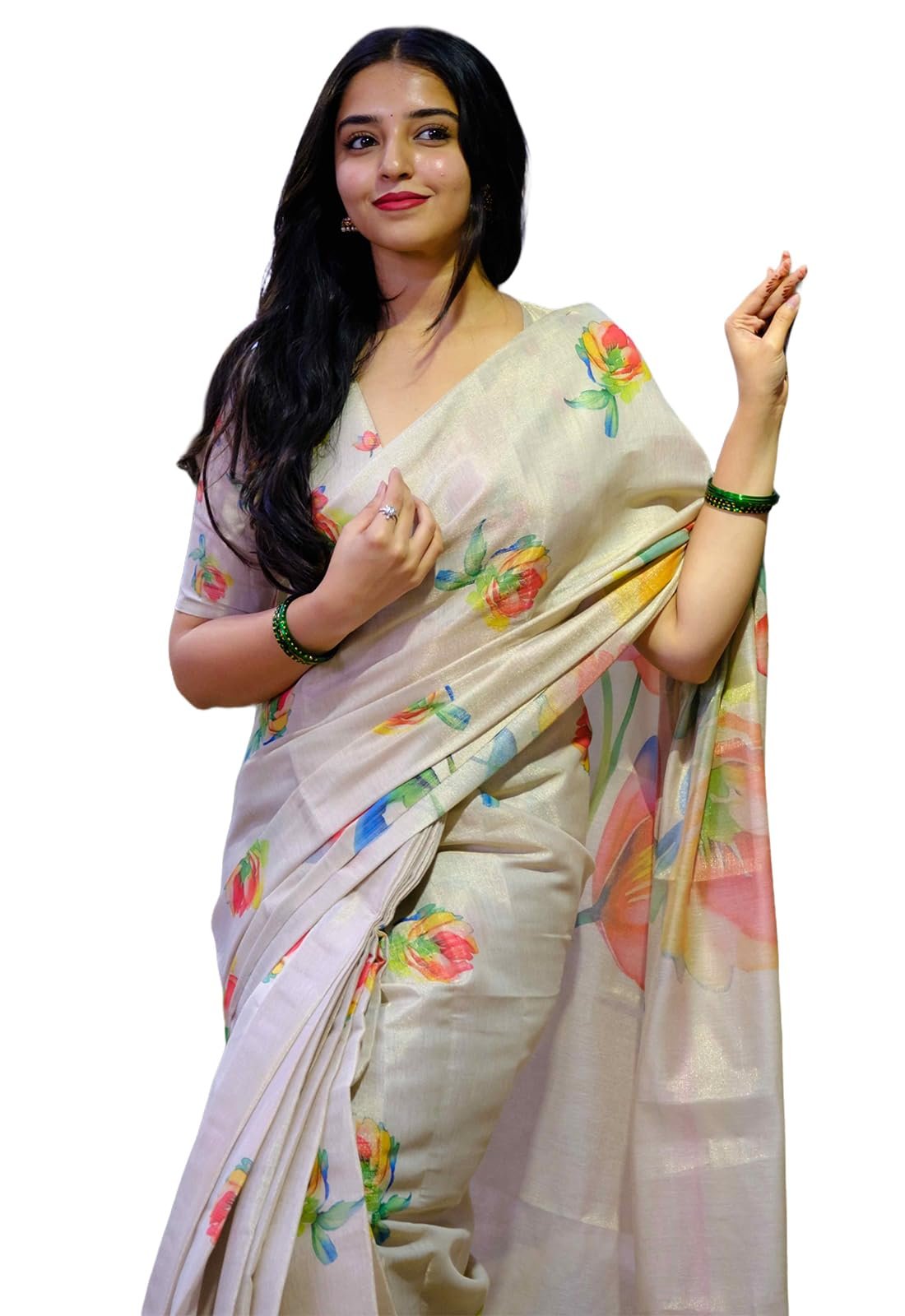 Yashika Women’s Chanderi Floral Digital Print Chandheri Saree with Unstitched Blouse Material