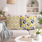 STITCHNEST Set of 2 Jute Cushion Covers – 16×16 Inches – Yellow & Grey Ikat-Inspired Geometric Print – Vibrant Cushion Covers for Sofa, Couch & Living Room | Perfect for Home Decor