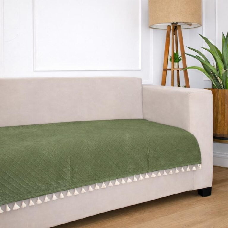 STITCHNEST 3-Layered Quilted Velvet Olive Green 3 Seater Sofa Cover, Tassel Finish, Sofa Protector Suitable for Kids, Pets and Everyday wear | Airsoft Series