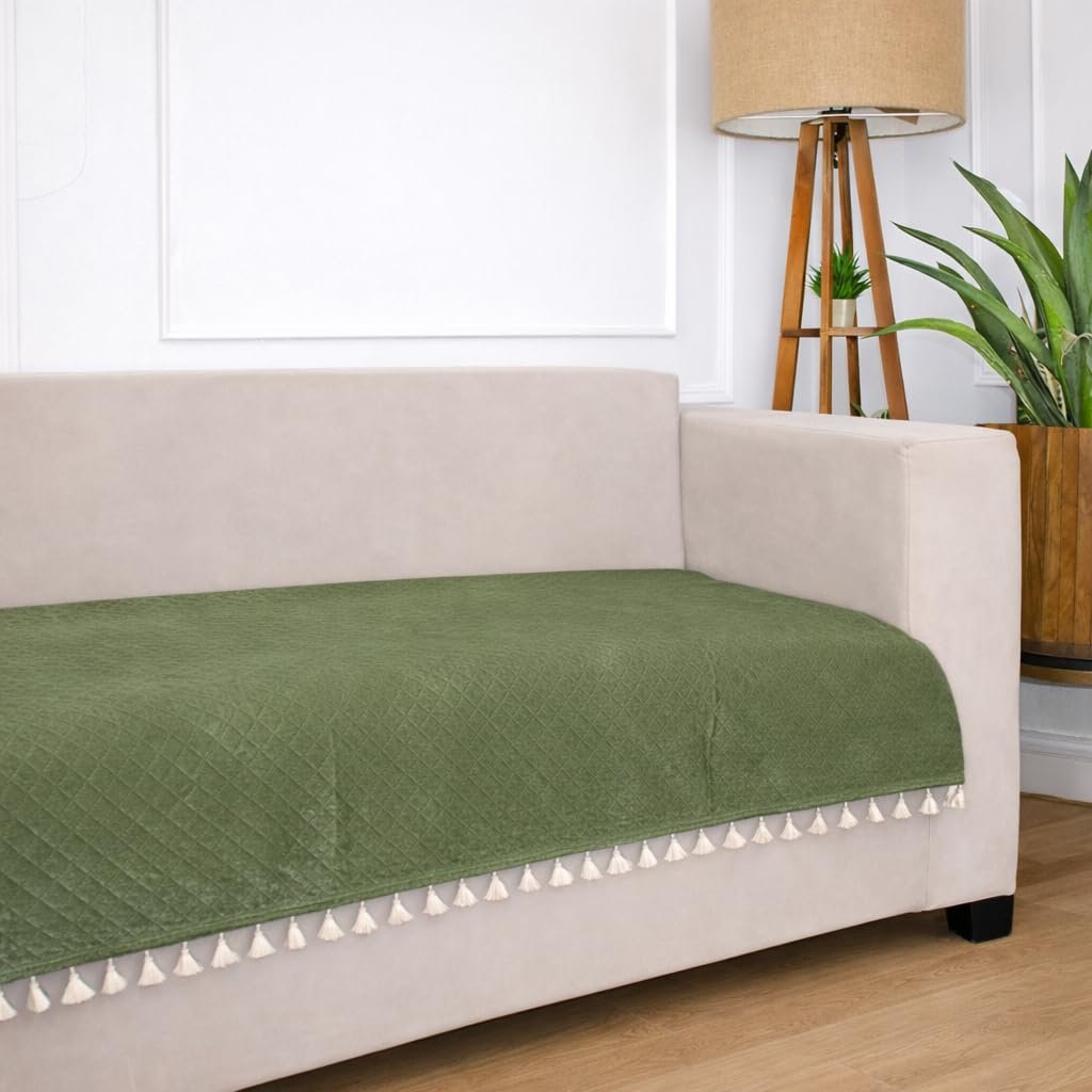 STITCHNEST 3-Layered Quilted Velvet Olive Green 3 Seater Sofa Cover, Tassel Finish, Sofa Protector Suitable for Kids, Pets and Everyday wear | Airsoft Series