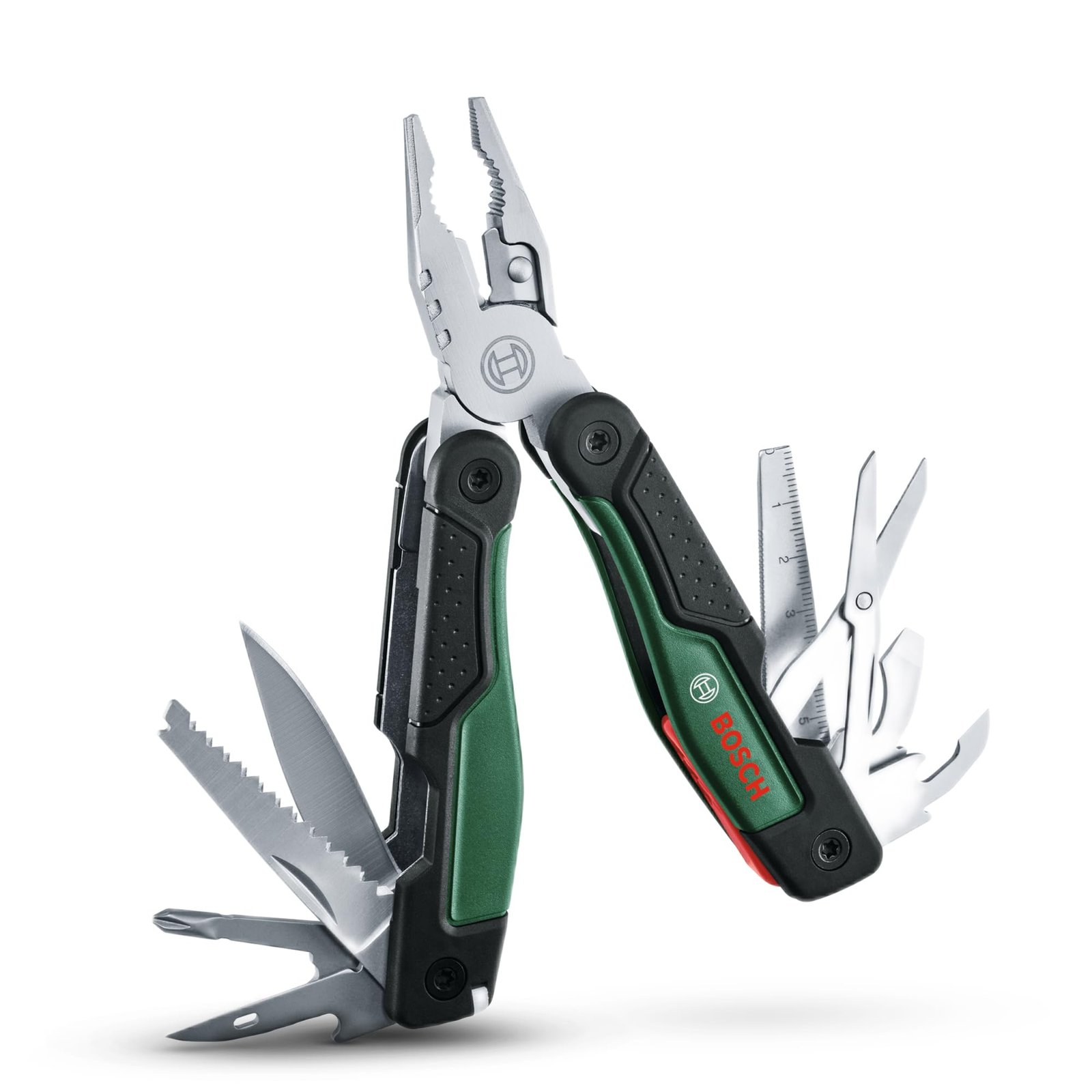 BOSCH 16-in-1 Multi-Tool | Stainless Steel | Plier, Knife, Screwdriver & More | for Home, DIY & Camping | Compact Foldable Design | Safety Pouch Included