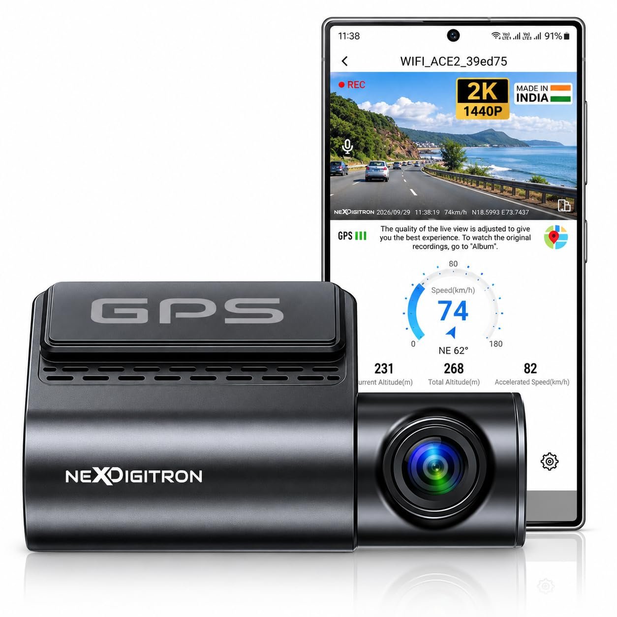 NEXDIGITRON ACE 2 Car Dash Cam with Native 2K 1440P Recording, Built-in GPS Logger, Display Screen, Voice Control, Super Capacitor, Made in India, Optional Parking Mode, up to 256GB Support –