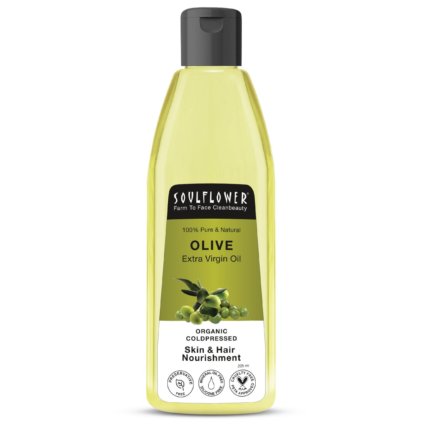 Soulflower Olive Hair & Skin Oil|225ml|Cold-Pressed Oil for Hair Growth, Face Massage & Deep Moisturization|Reduces Wrinkles, Nourishes Scalp & Strengthens Roots|100% Pure & Natural with Vitamin E