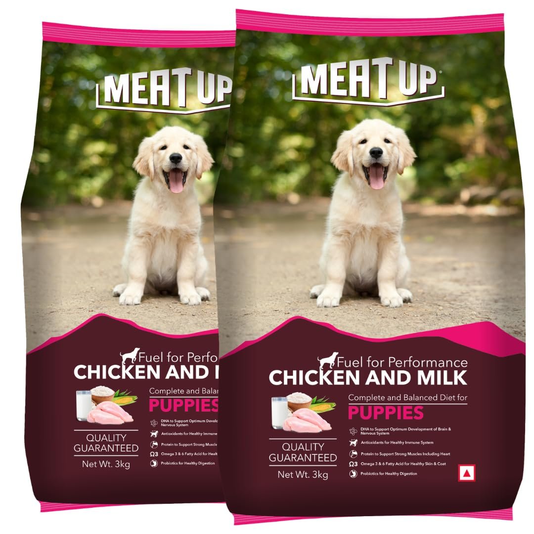 Meat Up Puppy Dry Dog Food 6kg (2 x 3kg) | Chicken & Milk Flavour | Supports Brain & Nervous System Development | Maintains Digestive Health | Enriched with Vitamins & Minerals