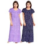 Vlazom Women’s Pure Cotton Rajasthani Nighty Gown – Pack of 2 Jaipuri Printed Maxi Nightwear – Soft, Breathable Sleepwear for Women (Free Size)