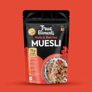 True Elements Crunchy Nuts & Berries Muesli 1kg – With 13g Clean Protein | Almonds, Seeds & Real Cranberries | With Jowar Millets | Crunchy Wholegrain Muesli | No Added Refined Sugar
