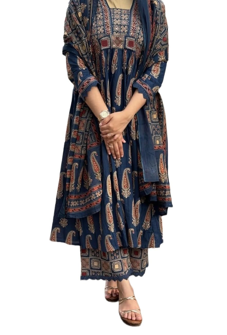 Nermosa Women’s Printed Anarkali Kurta Palazzo Set with Dupatta
