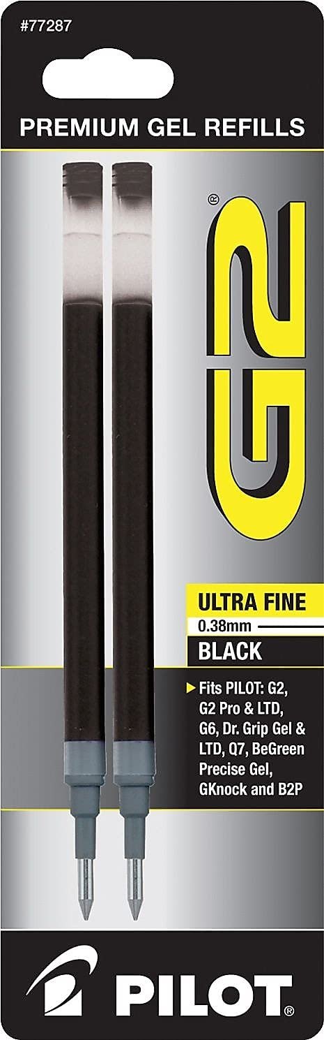 PILOT G2 Gel Ink Refills For Rolling Ball Pens, Ultra Fine Point, Black Ink, 2-Pack (77287)