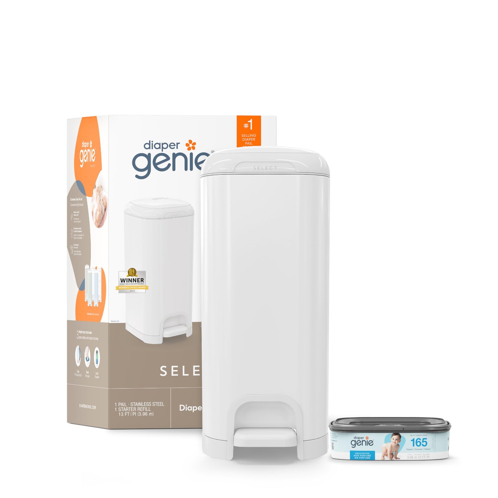 Diaper Genie Select Diaper Pail | Odor-Lock System with Push N Lock Clamp, Stainless Steel Body & Soft-Close Lid | Hands-Free Foot Pedal (White)