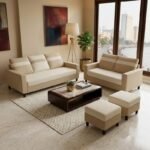Heaven Dual Tone Plush Velvet 3 Seater + 2 Seater Sofa Set with 2 Ottoman | Silken Velvet Suede Upholstery | Designer Sofa for Living Room & Office Spaces (Beige & Cream)