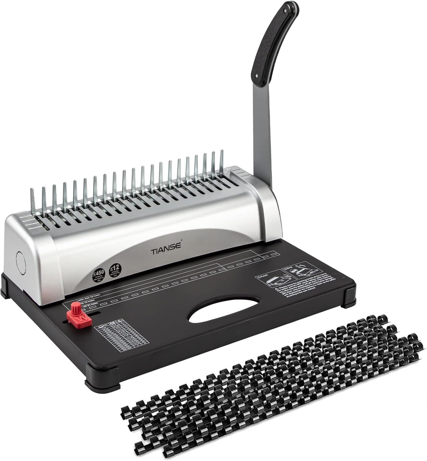 TIANSE Binding Machine, 21-Hole, 450 Sheet, Comb Machine with Starter Kit 100 PCS 3/8 Spines, Perfect for Daily Office Documents