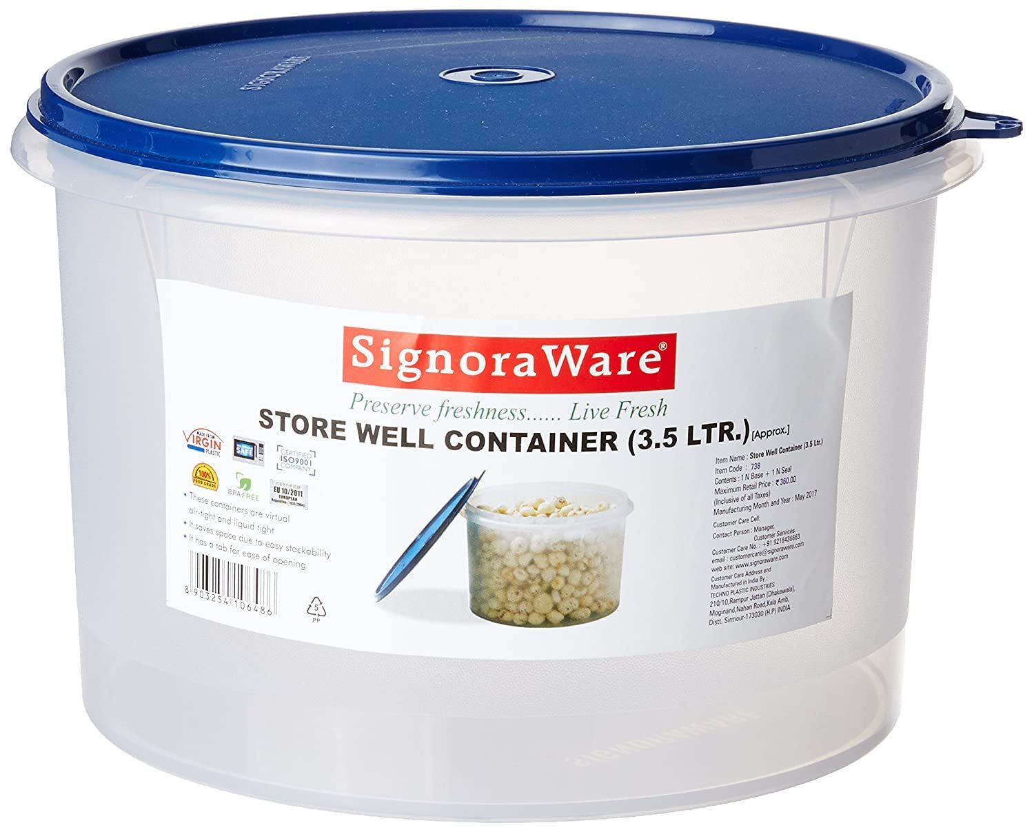 SIGNORA WARE BPA Free Plastic Container, 3.5 Ltr, ModBlue, Airtight & Leakproof, Perfect for Pantry Storage of Flour, Rice & Pulses
