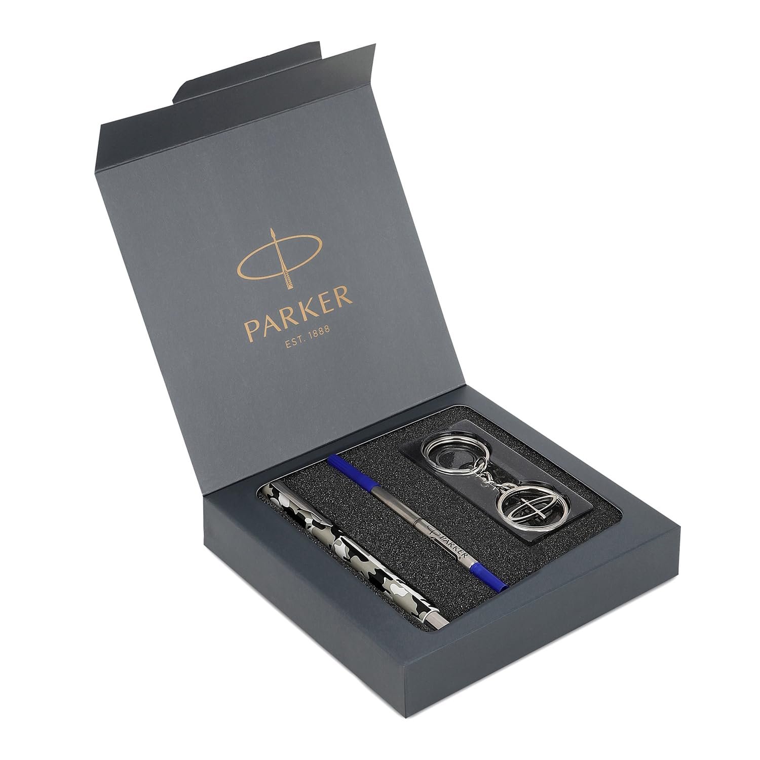 Parker Gift Set| Vector Camouflage Roller Ball Pen Gift Set | Pen with 1 Ink Cartridge & Keychain | Ink Color Blue | Premium set crafted for Gifting