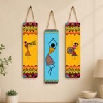 Artvibes African Warli Art Wooden Decoration Item for Living Room | Modern Decoration Items | Handcrafted | Living Room | Cafe | Aesthetic Wooden Decor | Ideal Gifts (WH_8108N), Set of 3
