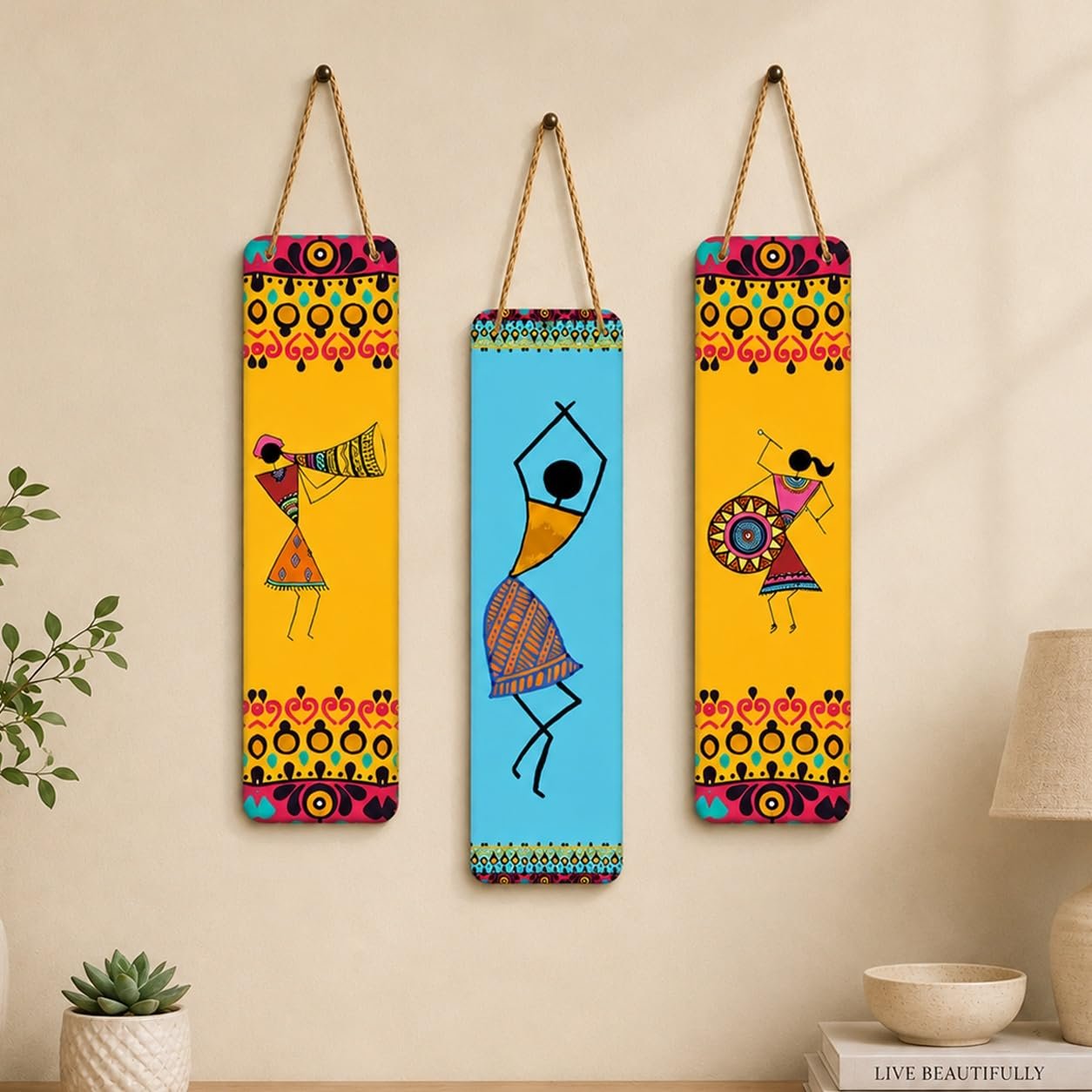 Artvibes African Warli Art Wooden Decoration Item for Living Room | Modern Decoration Items | Handcrafted | Living Room | Cafe | Aesthetic Wooden Decor | Ideal Gifts (WH_8108N), Set of 3