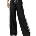 SAKHWALA Women Track Pant | Women’s Wide Leg Track Pants High Waist Drawstring Sweatpants with Side Stripes, Casual Loose Fit Lounge Joggers, Dark Grey