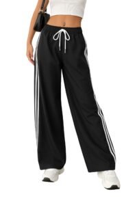 SAKHWALA Women Track Pant | Women’s Wide Leg Track Pants High Waist Drawstring Sweatpants with Side Stripes, Casual Loose Fit Lounge Joggers, Dark Grey
