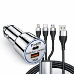 45W Fast Car Charger with 3-in-1 Cable | PD & QC Super Fast Charging | Type-C + USB-A Output | Supports Dash, Warp, VOOC |Compatible with Cars for iPhone & Android Smartphone (Silver)