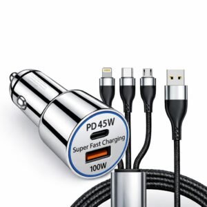 45W Fast Car Charger with 3-in-1 Cable | PD & QC Super Fast Charging | Type-C + USB-A Output | Supports Dash, Warp, VOOC |Compatible with Cars for iPhone & Android Smartphone (Silver)