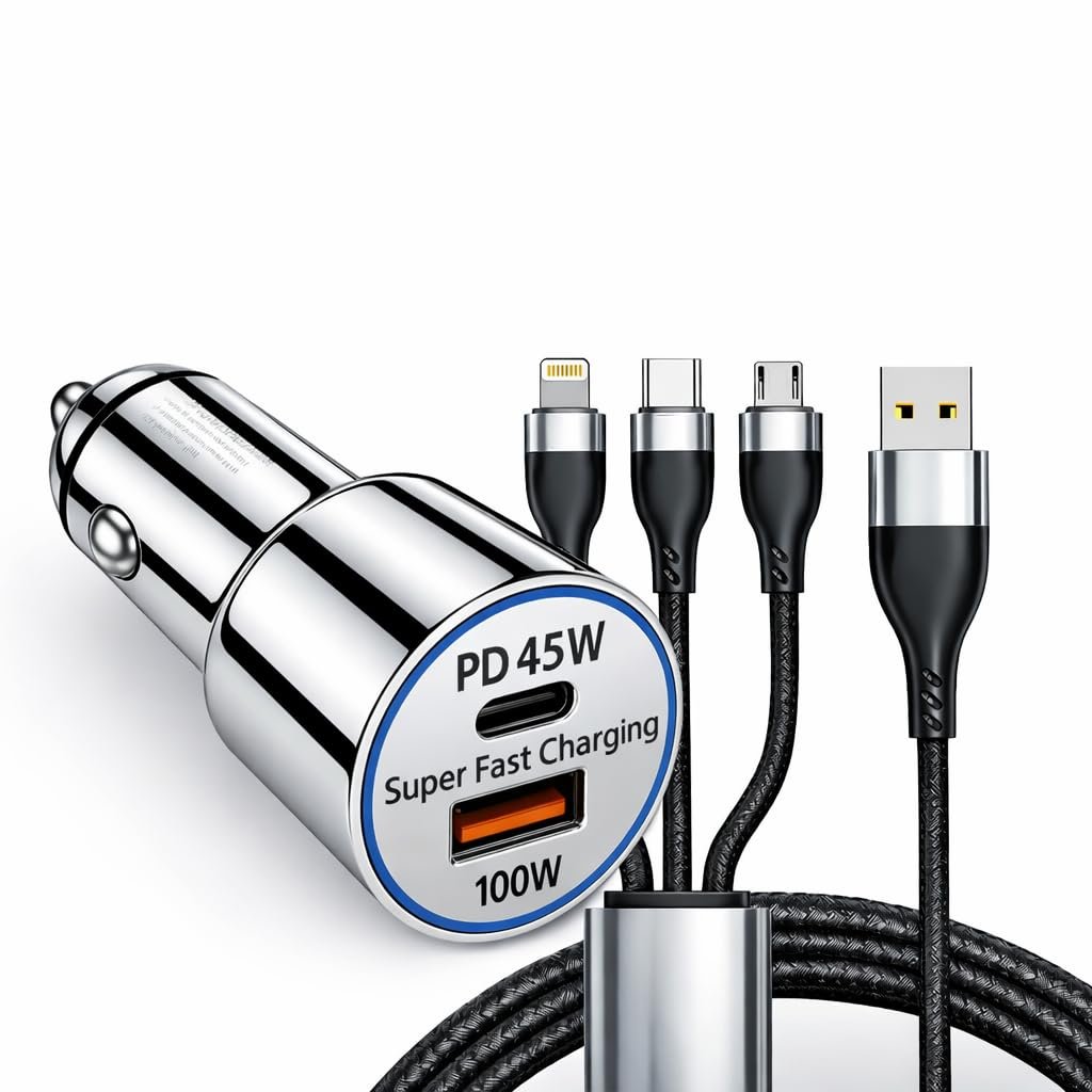 45W Fast Car Charger with 3-in-1 Cable | PD & QC Super Fast Charging | Type-C + USB-A Output | Supports Dash, Warp, VOOC |Compatible with Cars for iPhone & Android Smartphone (Silver)