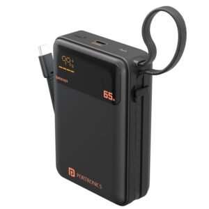 Portronics 65W Ignis 65 20000mAh Fast Charging Powerbank with in-Built Type C Cable for Android Smartphones, iPhones, ipads, Tablets & Macbooks, Type C PD Port, LED Display, Strong Lanyard (Black)