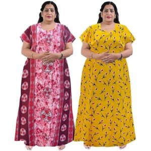OFEEFAN Women’s Printed Cotton Floral Maxi Nighty – Round Neck, Full Length Nightwear Gown, Plus Size Nightdress | Combo of 2 Comfortable Sleepwear