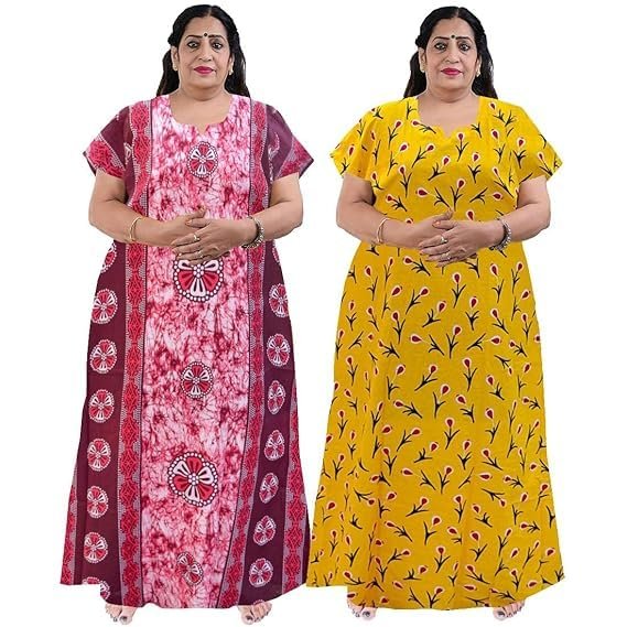 OFEEFAN Women’s Printed Cotton Floral Maxi Nighty – Round Neck, Full Length Nightwear Gown, Plus Size Nightdress | Combo of 2 Comfortable Sleepwear